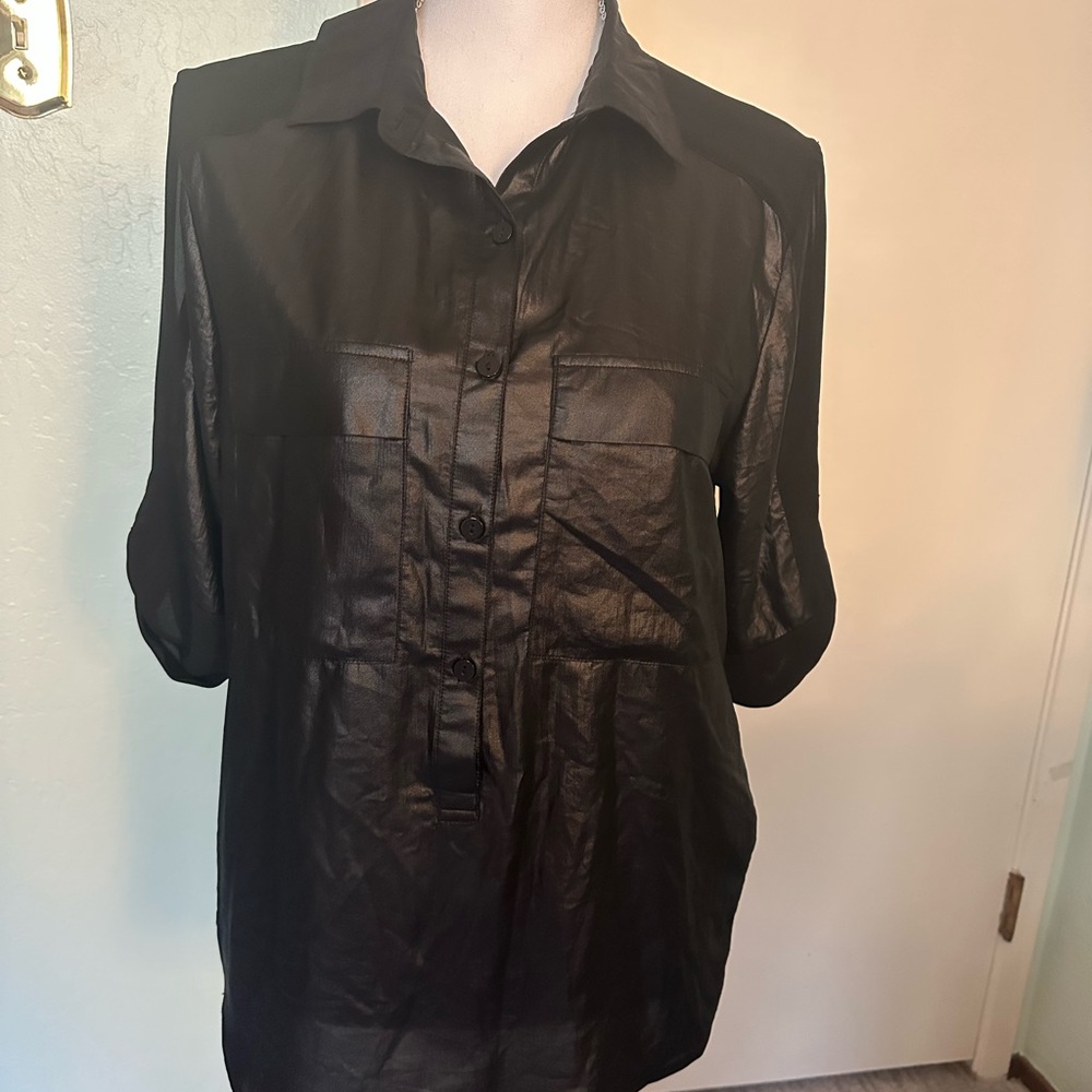 7 For All Mankind Black Blouse 3/4 sleeve half-button size S